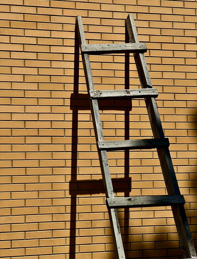 A ladder leaning against a brick wall
